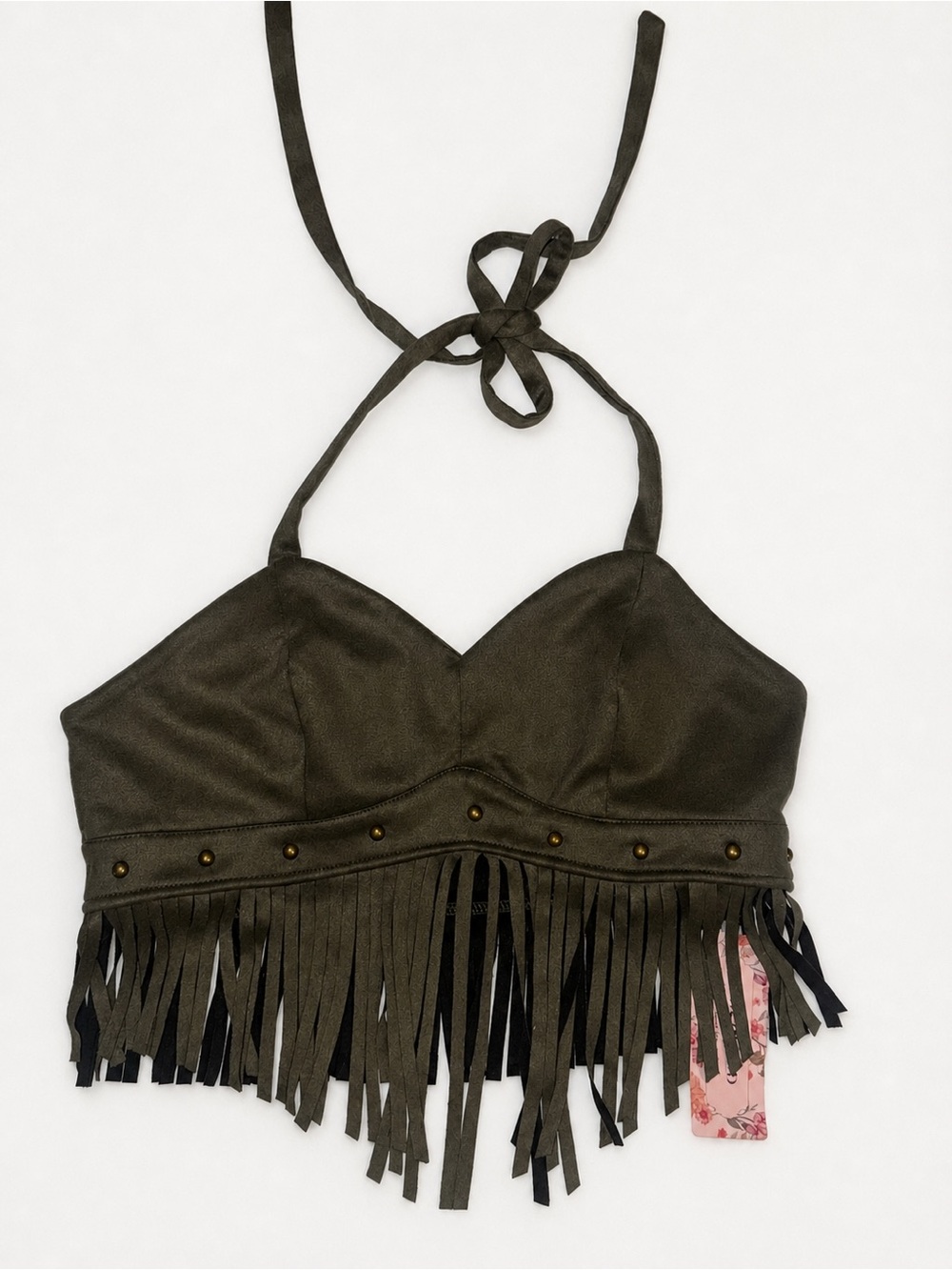 SHEIN Olive Green Fringe Halter Crop Top with Studs
